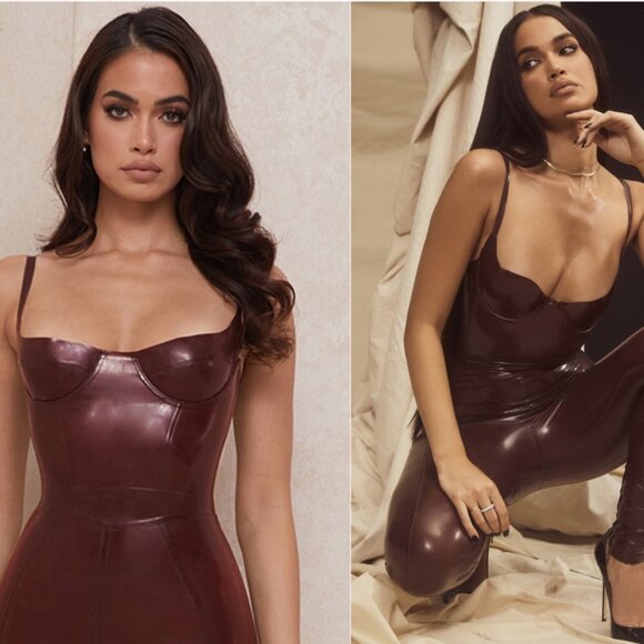 House of CB Tia & Lia Raisin Latex Bodysuit and High Waist Shorts - Picture 2 of 10